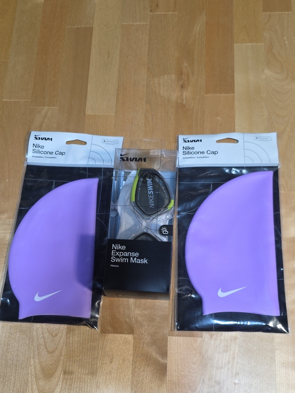 Nike Lavender Silicone Swim Cap Pair with Black & Neon Green Expanse Mask